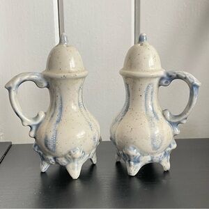 $20 SALE Victorian Speckled Cream Pale Blue Salt Pepper Shaker Set Vintage Retro